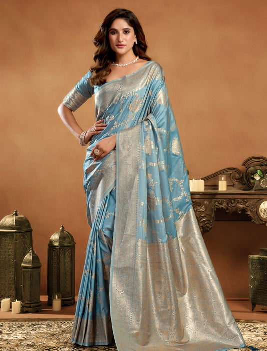 Sky Blue Ethnic Rich Pallu Silk Butti Saree With Zhallar