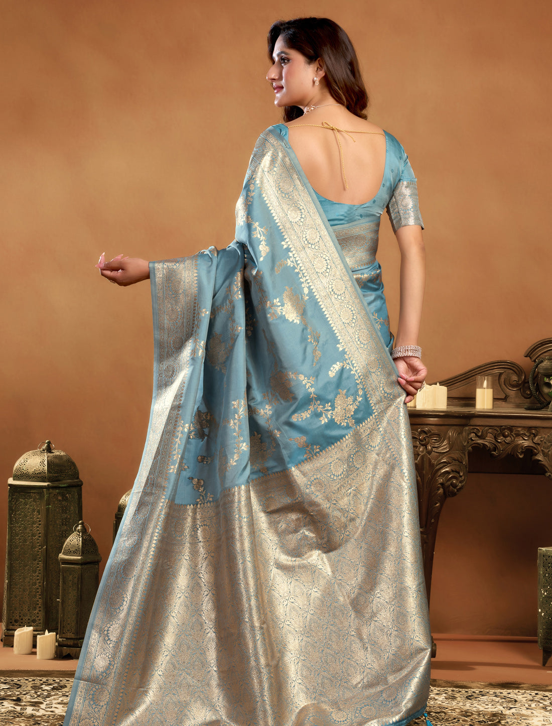 Sky Blue Ethnic Rich Pallu Silk Butti Saree With Zhallar
