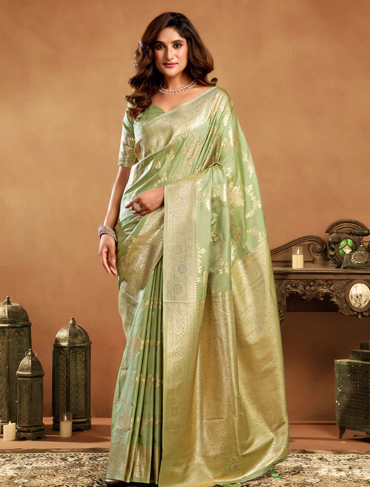 Green Ethnic Rich Pallu Silk Butti Saree With Zhallar
