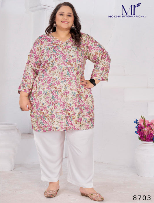 White & Pink Rayon Slub Ethnic Featuring Meticulously Full-Stitched Kurti
