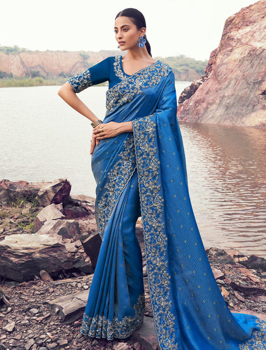 Royal Blue Pure Satin Silk Party Wear Saree Heavy Embroidery, Khatli work