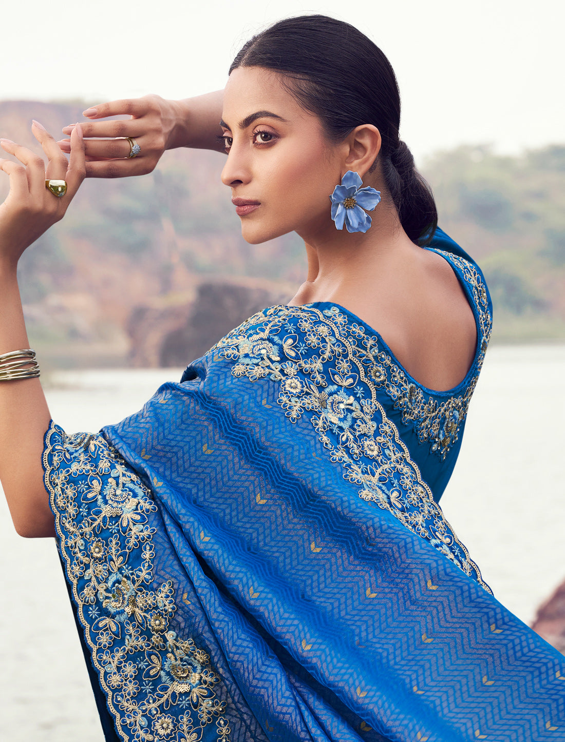 Royal Blue Pure Satin Silk Party Wear Saree Heavy Embroidery, Khatli work