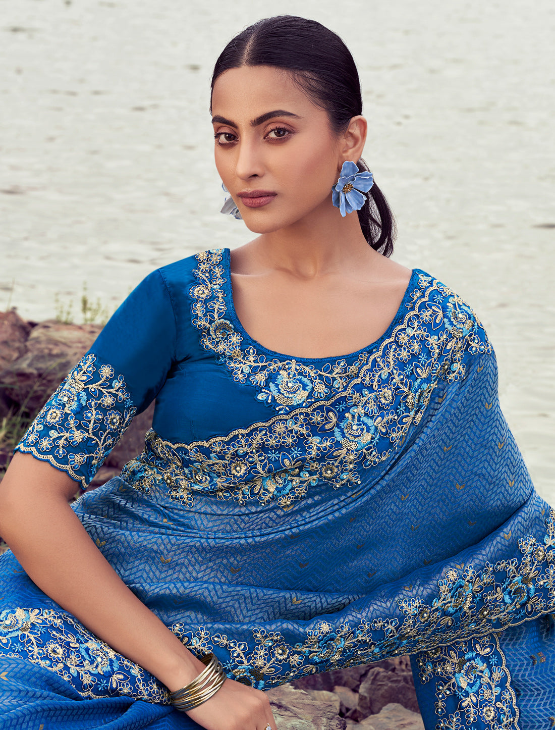 Royal Blue Pure Satin Silk Party Wear Saree Heavy Embroidery, Khatli work