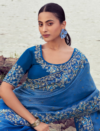 Royal Blue Pure Satin Silk Party Wear Saree Heavy Embroidery, Khatli work