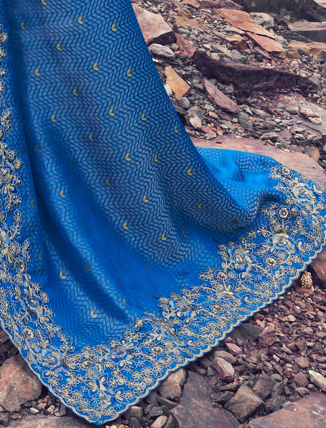 Royal Blue Pure Satin Silk Party Wear Saree Heavy Embroidery, Khatli work