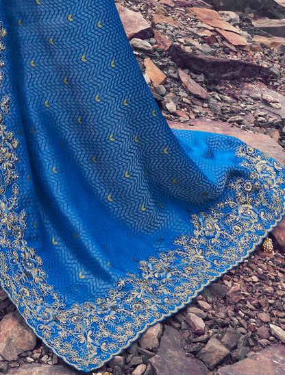 Royal Blue Pure Satin Silk Party Wear Saree Heavy Embroidery, Khatli work