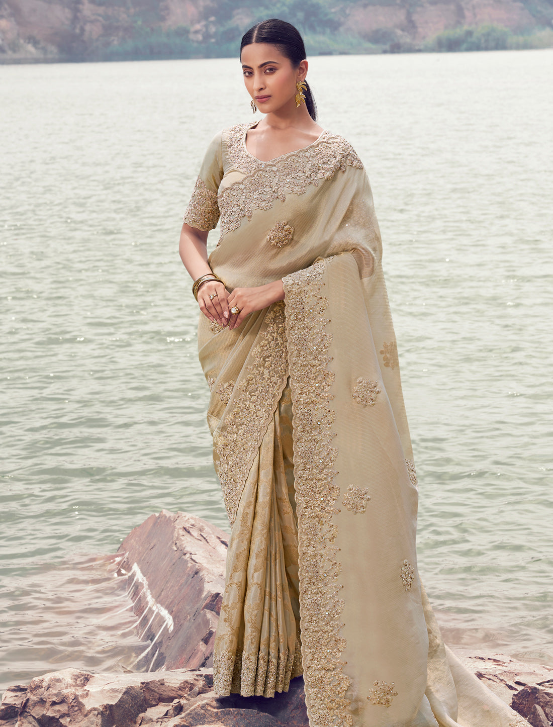 Elegant Beige Tissue Silk Saree with Jacquard, Designer Party Wear