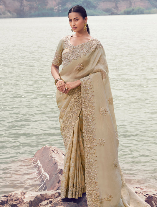 Elegant Beige Tissue Silk Saree with Jacquard, Designer Party Wear