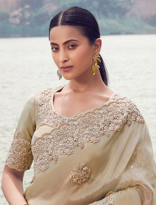Elegant Beige Tissue Silk Saree with Jacquard, Designer Party Wear