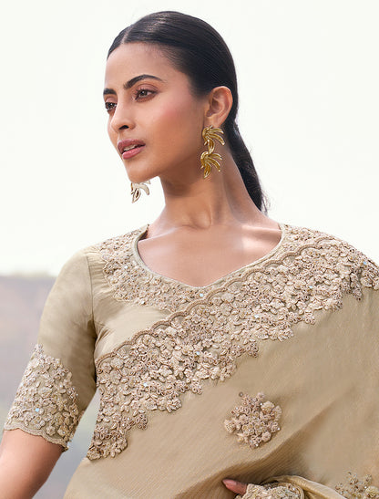 Elegant Beige Tissue Silk Saree with Jacquard, Designer Party Wear