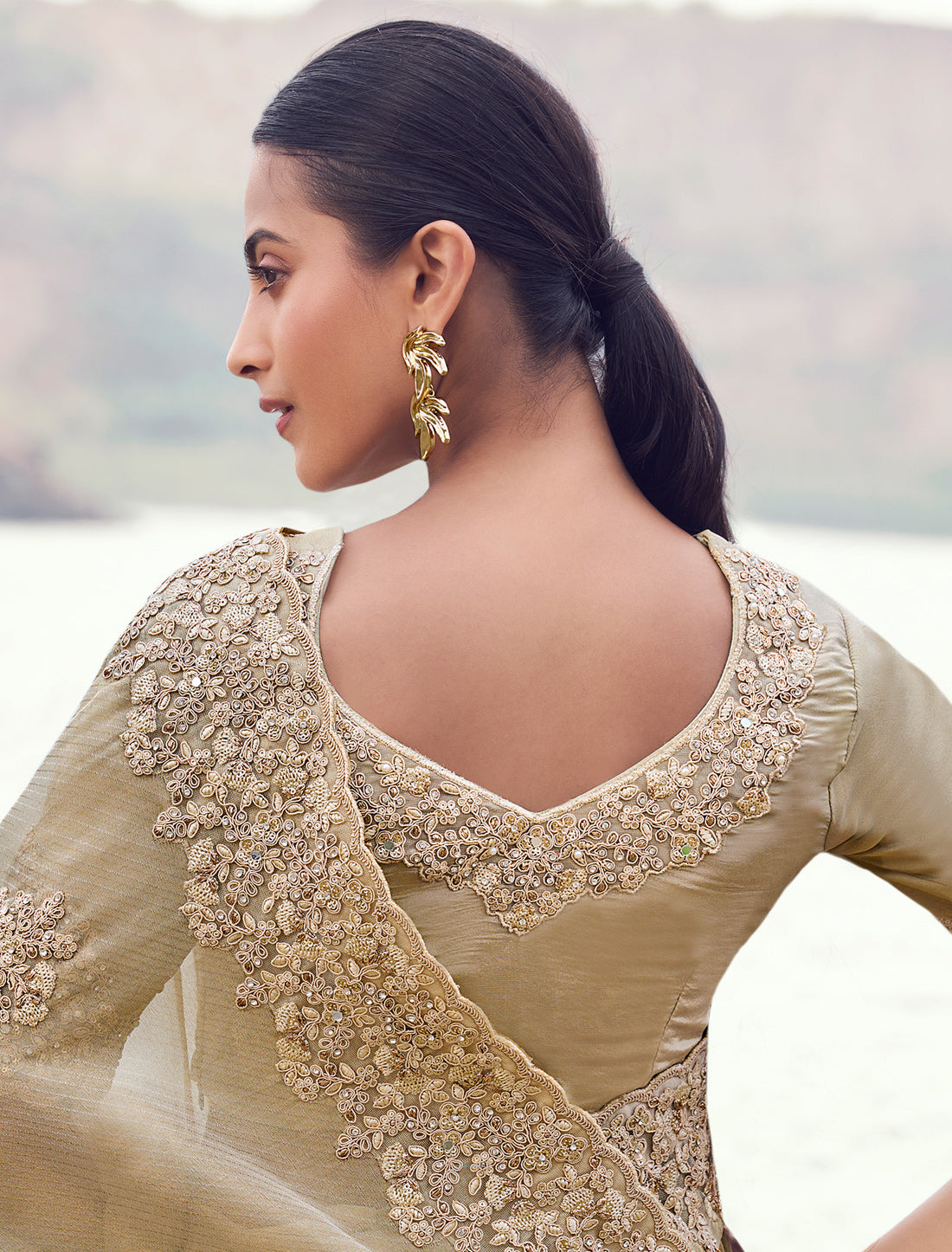 Elegant Beige Tissue Silk Saree with Jacquard, Designer Party Wear