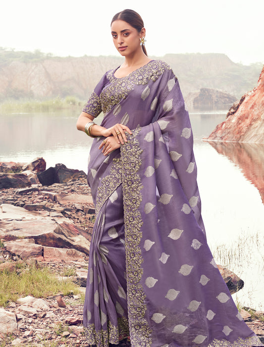 Elegant Purple Tissue Silk Saree Jacquard Weaving Party Wear
