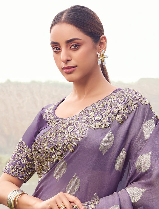 Elegant Purple Tissue Silk Saree Jacquard Weaving Party Wear