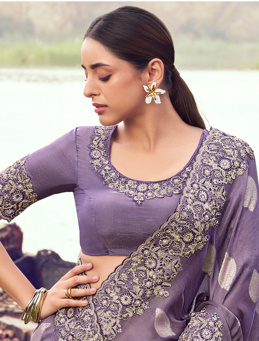 Elegant Purple Tissue Silk Saree Jacquard Weaving Party Wear