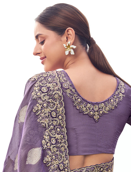 Elegant Purple Tissue Silk Saree Jacquard Weaving Party Wear