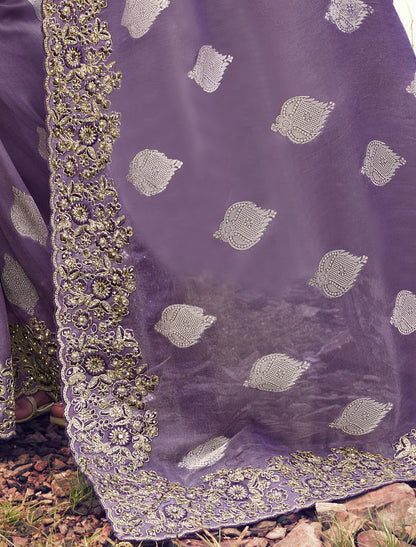 Elegant Purple Tissue Silk Saree Jacquard Weaving Party Wear