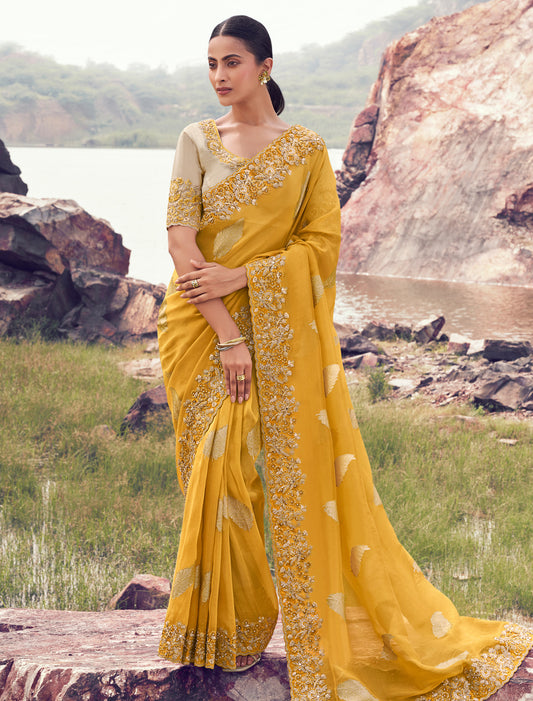Stunning Yellow Tissue Silk Designer Jacquard Saree Khatli Embroidery