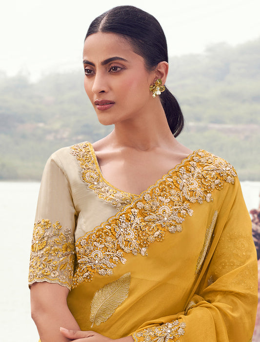 Stunning Yellow Tissue Silk Designer Jacquard Saree Khatli Embroidery