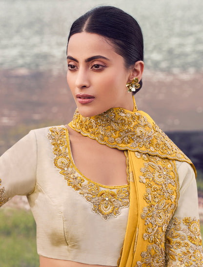 Stunning Yellow Tissue Silk Designer Jacquard Saree Khatli Embroidery