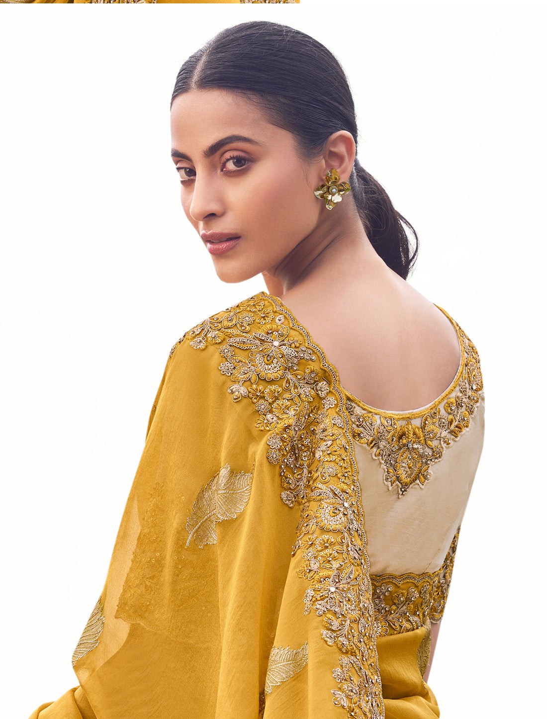 Stunning Yellow Tissue Silk Designer Jacquard Saree Khatli Embroidery