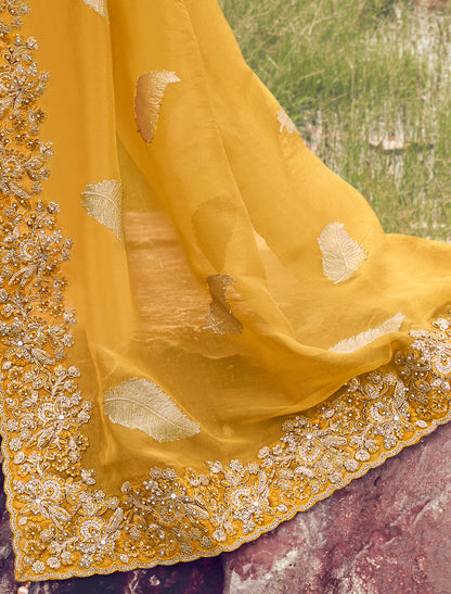 Stunning Yellow Tissue Silk Designer Jacquard Saree Khatli Embroidery