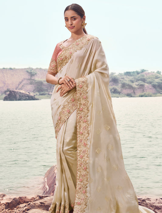Luxurious chikoo Satin Silk Designer Saree Zari Weaving Embroidery Khatli Work