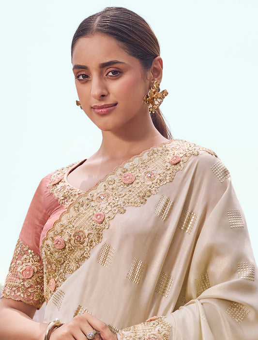 Luxurious chikoo Satin Silk Designer Saree Zari Weaving Embroidery Khatli Work