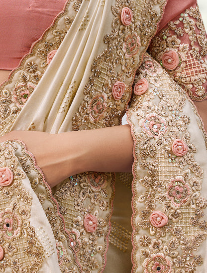 Luxurious chikoo Satin Silk Designer Saree Zari Weaving Embroidery Khatli Work