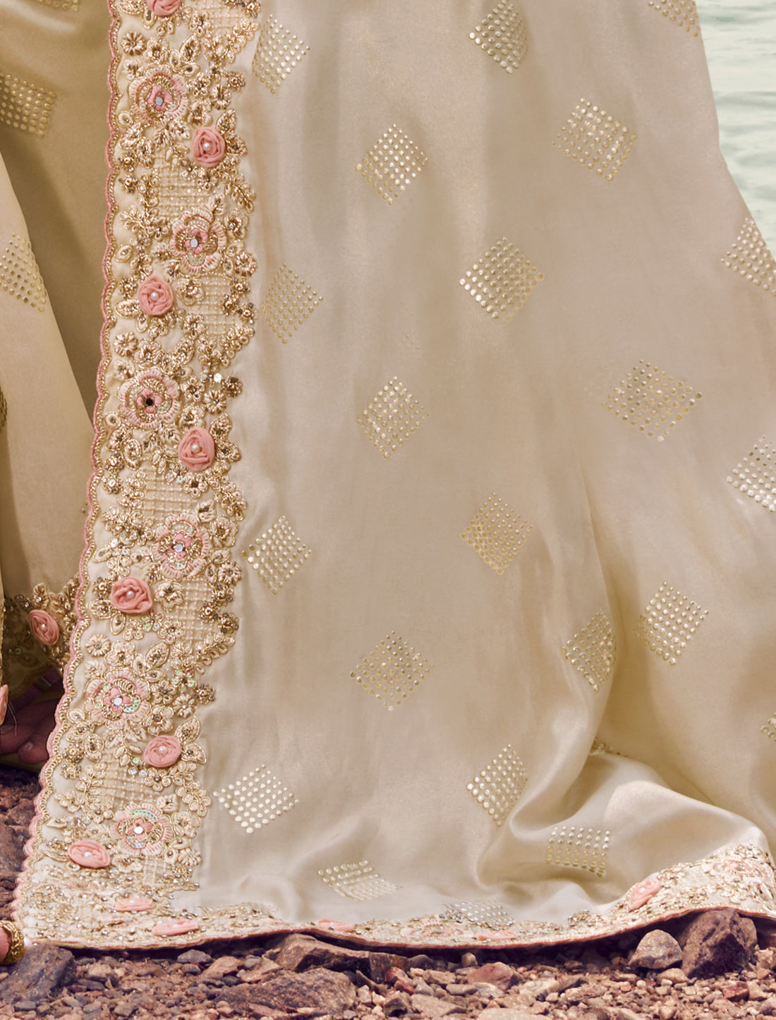 Luxurious chikoo Satin Silk Designer Saree Zari Weaving Embroidery Khatli Work