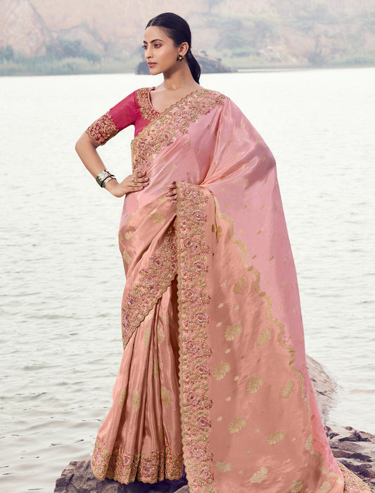 Pink Designer Saree Tissue Organza Silk Zari Weaving Embroidery Khatli Work