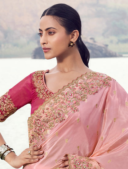 Pink Designer Saree Tissue Organza Silk Zari Weaving Embroidery Khatli Work