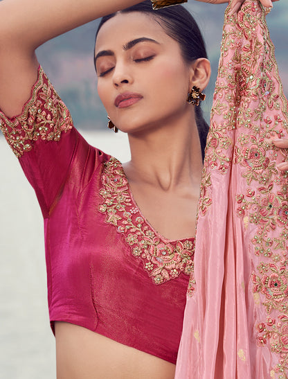 Pink Designer Saree Tissue Organza Silk Zari Weaving Embroidery Khatli Work