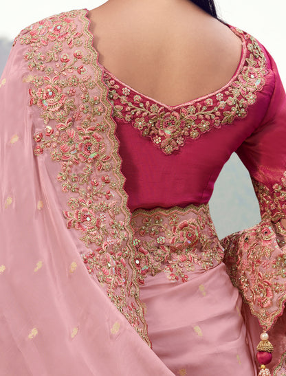Pink Designer Saree Tissue Organza Silk Zari Weaving Embroidery Khatli Work