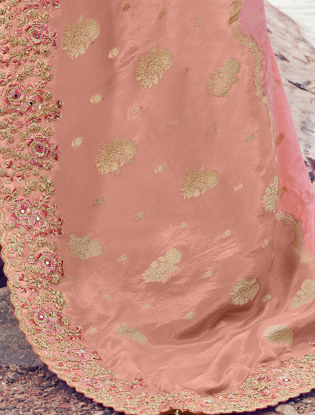 Pink Designer Saree Tissue Organza Silk Zari Weaving Embroidery Khatli Work