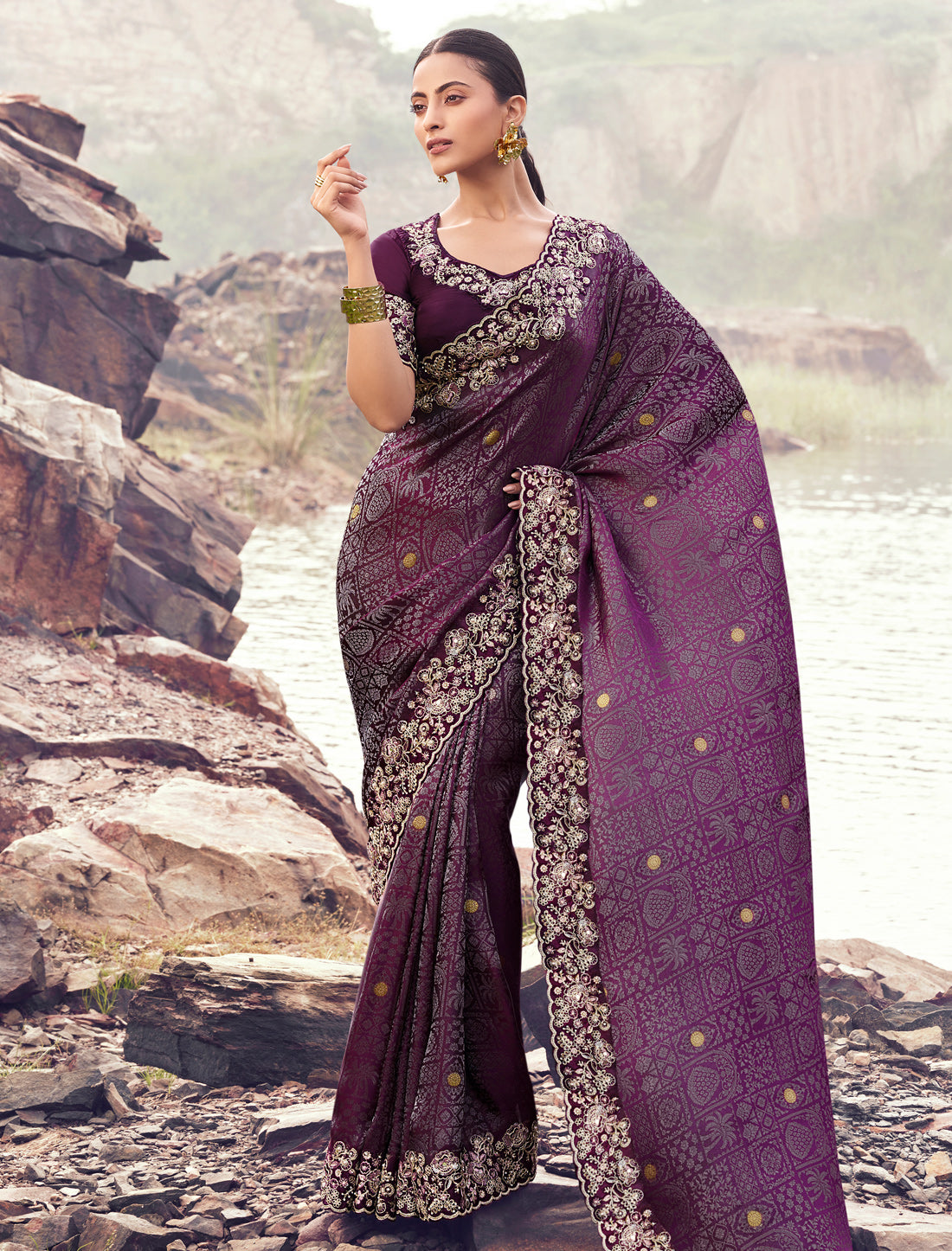 Exquisite Wine Designer Saree Pure Satin Silk Jacquard Embroidery