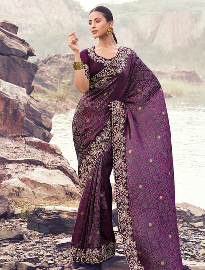 Exquisite Wine Designer Saree Pure Satin Silk Jacquard Embroidery