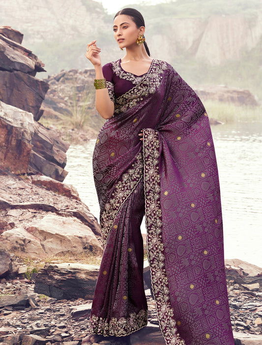 Exquisite Wine Designer Saree Pure Satin Silk Jacquard Embroidery