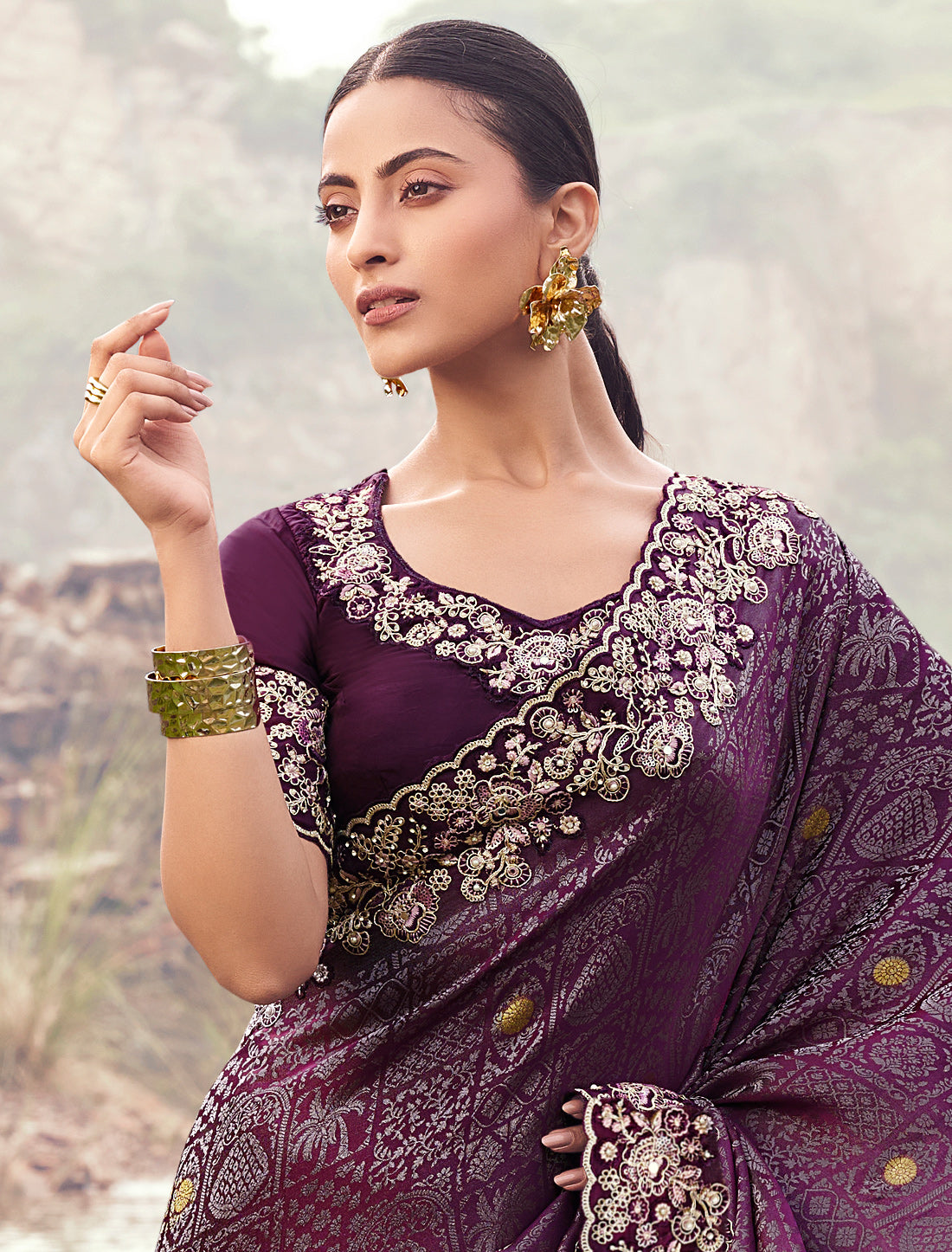 Exquisite Wine Designer Saree Pure Satin Silk Jacquard Embroidery