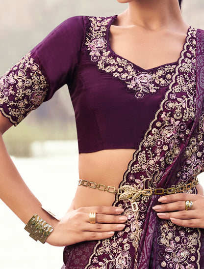 Exquisite Wine Designer Saree Pure Satin Silk Jacquard Embroidery