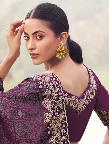 Exquisite Wine Designer Saree Pure Satin Silk Jacquard Embroidery