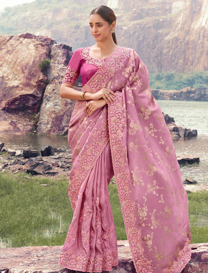 Exquisite Onion Pink Tissue Silk jacquard Party Wear Saree Zari Embroidery