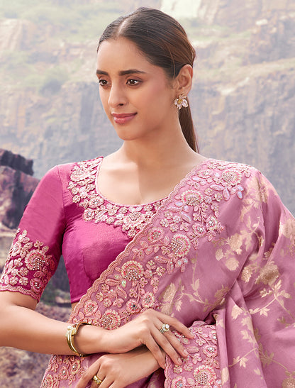 Exquisite Onion Pink Tissue Silk jacquard Party Wear Saree Zari Embroidery