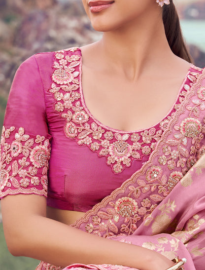 Exquisite Onion Pink Tissue Silk jacquard Party Wear Saree Zari Embroidery