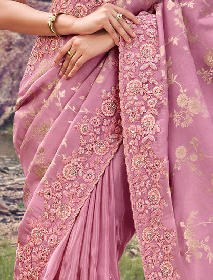 Exquisite Onion Pink Tissue Silk jacquard Party Wear Saree Zari Embroidery