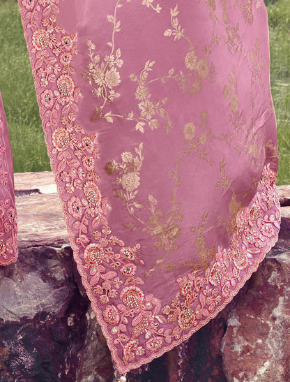 Exquisite Onion Pink Tissue Silk jacquard Party Wear Saree Zari Embroidery