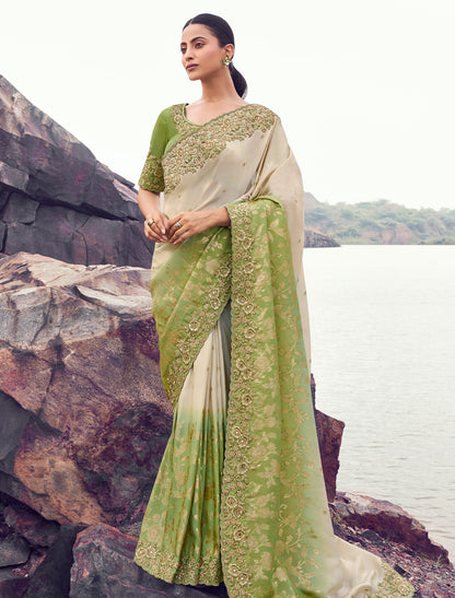 Green Tissue Silk Designer Saree Zari Jacquard Buttis Embroidery