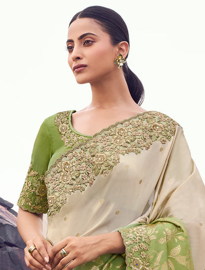 Green Tissue Silk Designer Saree Zari Jacquard Buttis Embroidery