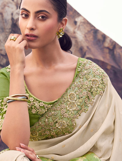 Green Tissue Silk Designer Saree Zari Jacquard Buttis Embroidery