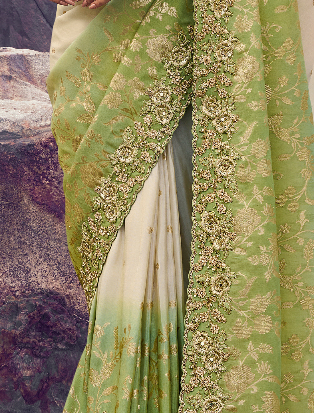 Green Tissue Silk Designer Saree Zari Jacquard Buttis Embroidery