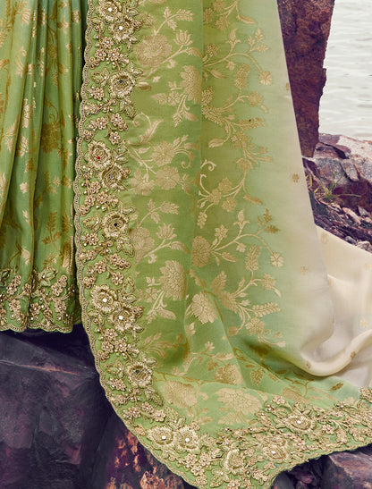 Green Tissue Silk Designer Saree Zari Jacquard Buttis Embroidery